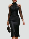 Robe midi noire ajustée de soirée avec col roulé et manches en tulle