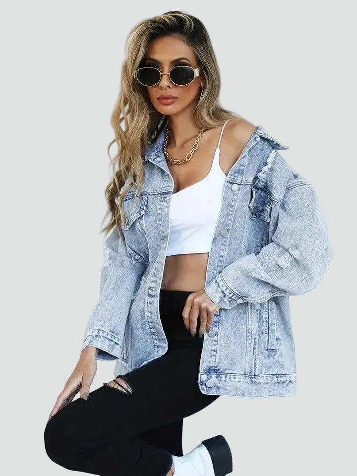 Oversized dames spijkerjack met slijtage voor dagelijks gebruik