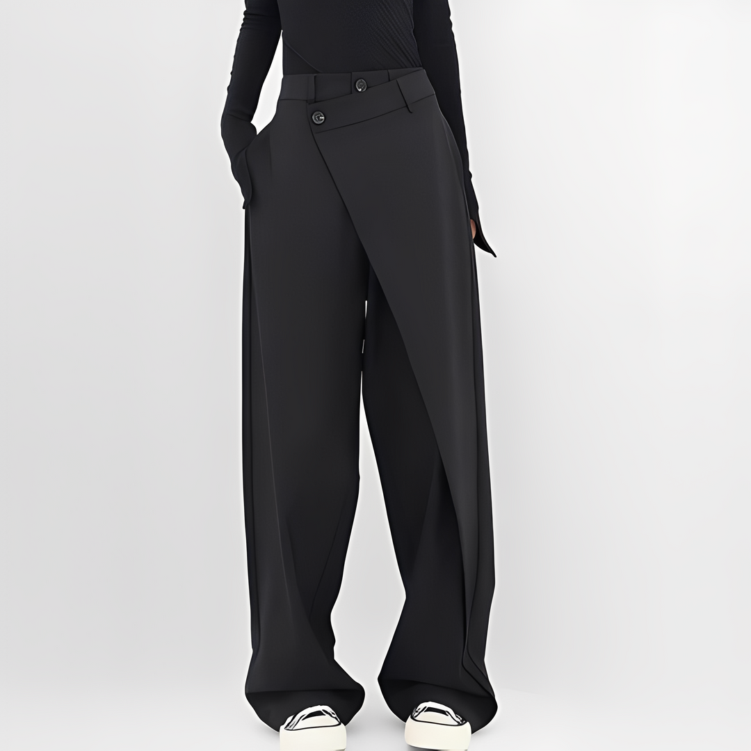 Dames moderne broek met wijde snit en asymmetrische voorkant