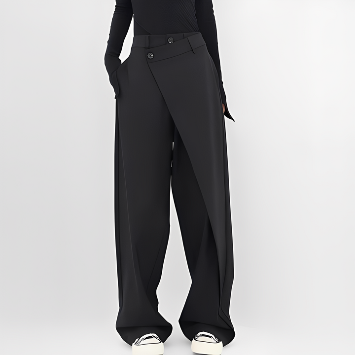 Dames moderne broek met wijde snit en asymmetrische voorkant