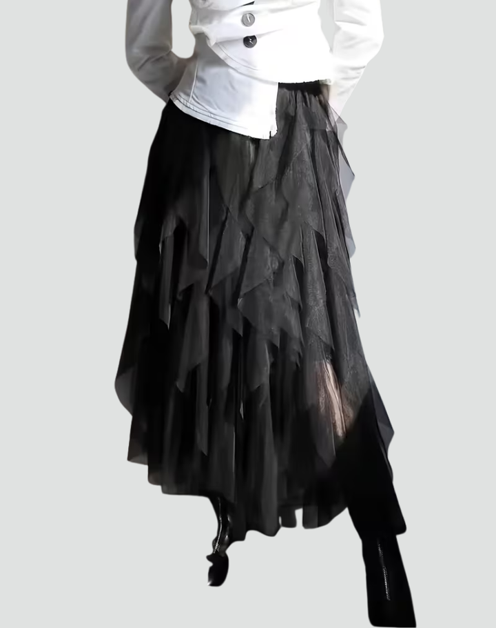 Elegancka spódnica tiulowa damska z falbanami midi – Czarny
