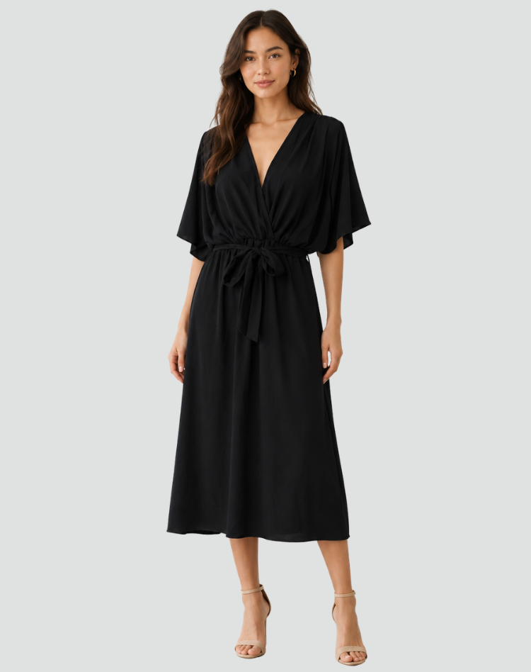 Robe fluide de gala midi avec décolleté croisé et ceinture à nouer