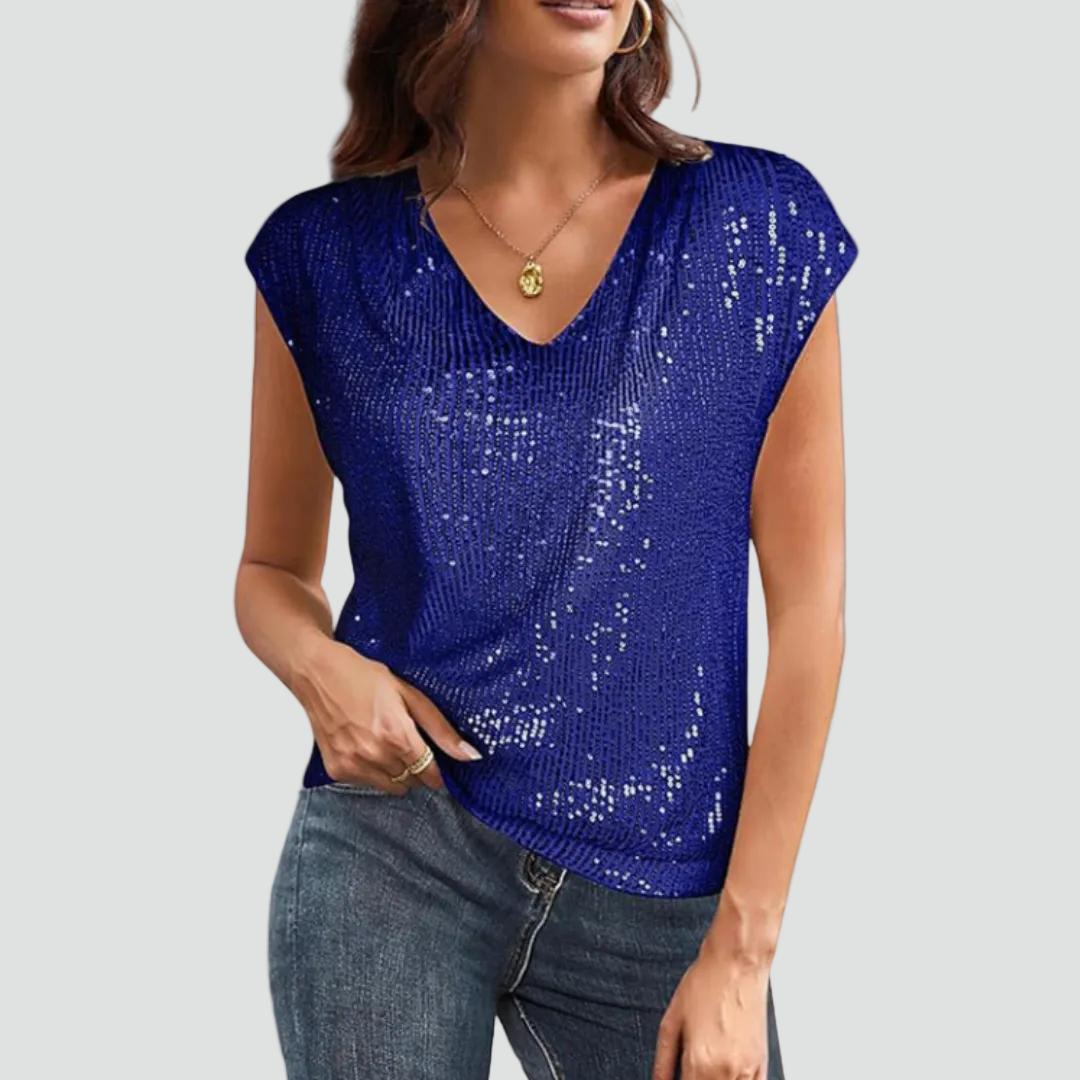 Blouse de soirée à sequins avec décolleté en V et manches courtes