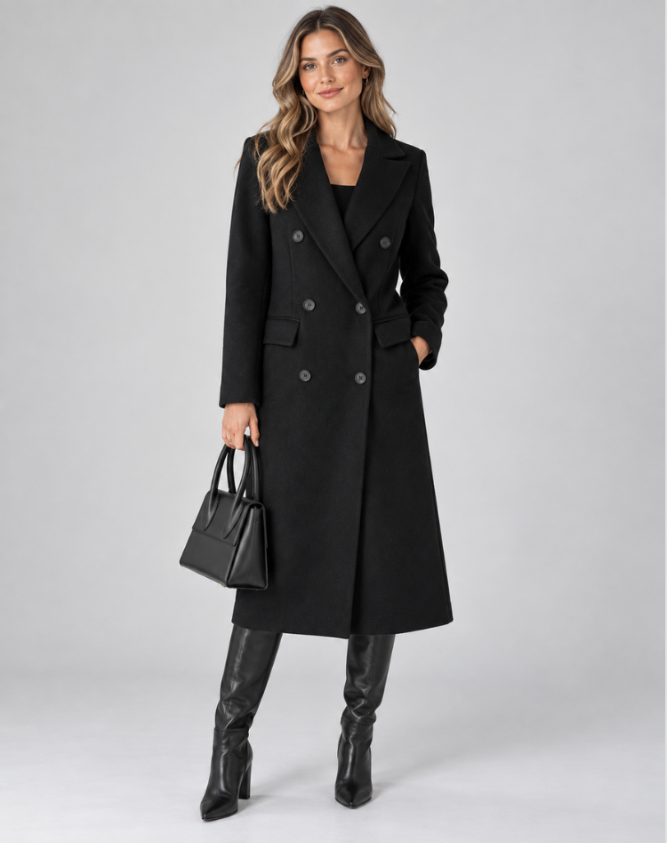 Long manteau féminin à double rangée en laine avec revers et coupe cintrée