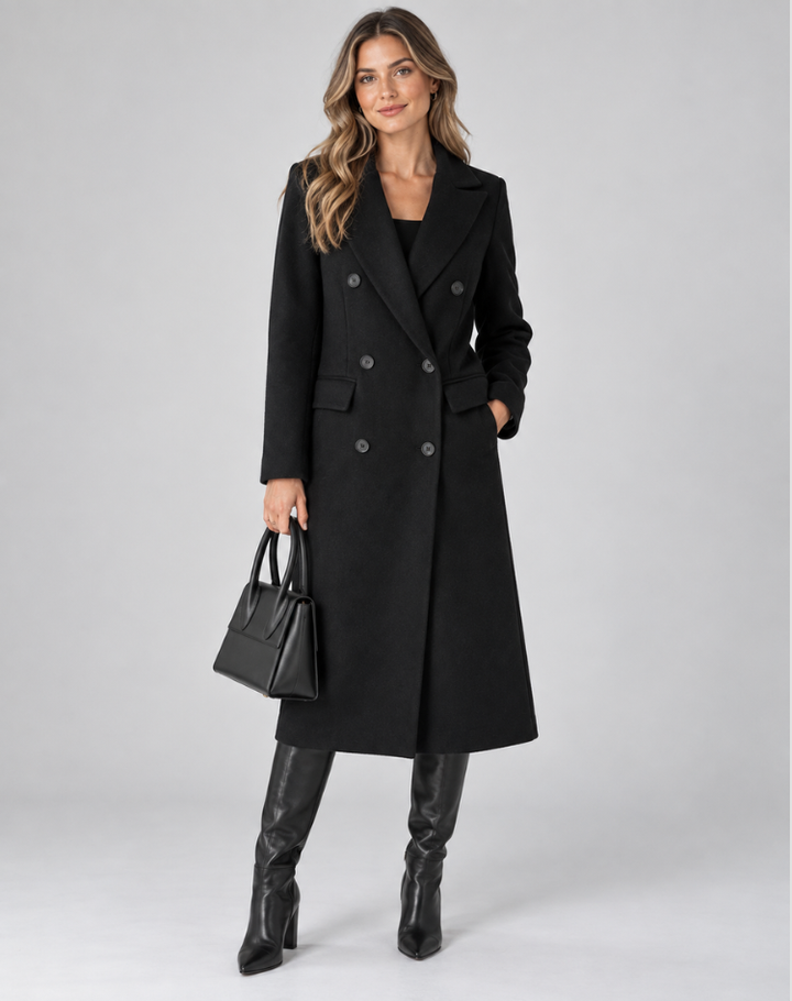 Long manteau féminin à double rangée en laine avec revers et coupe cintrée