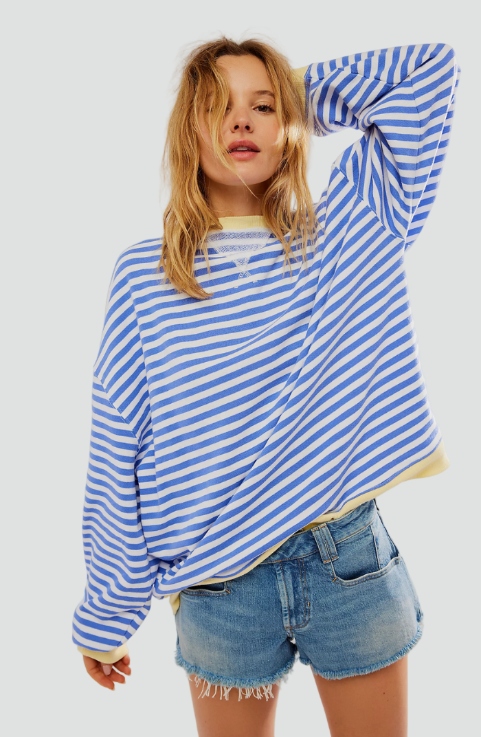 Kolorowa bluza damska oversize w paski na co dzień – Niebieski