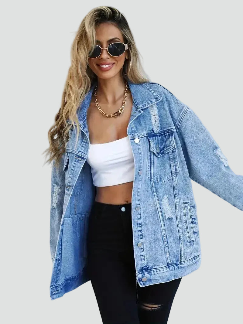 Oversized dames spijkerjack met slijtage voor dagelijks gebruik
