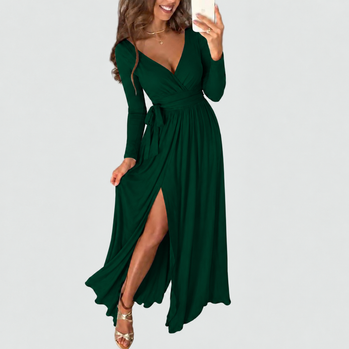 Robe longue de soirée pour femme, portefeuille, à manches longues et fente