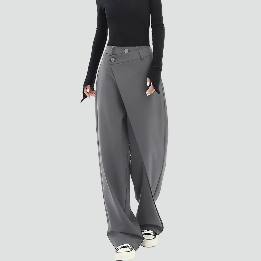 Dames moderne broek met wijde snit en asymmetrische voorkant
