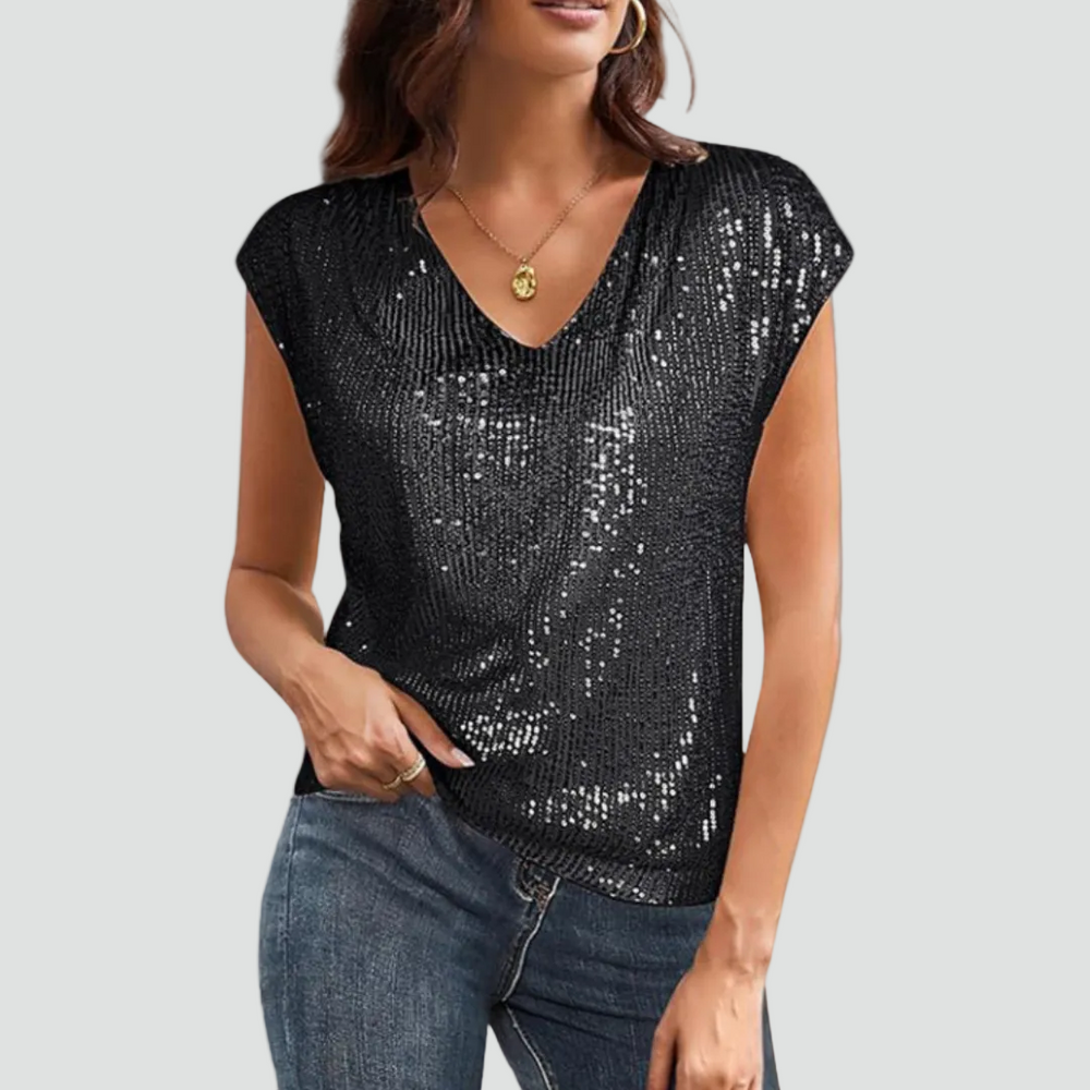 Blouse de soirée à sequins avec décolleté en V et manches courtes