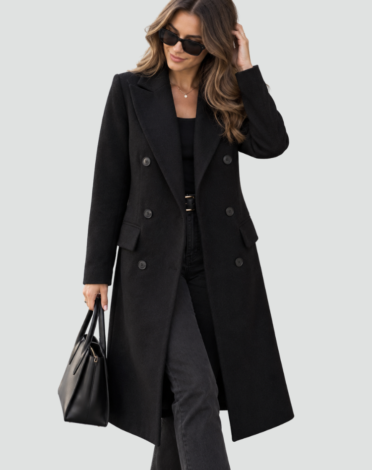 Long manteau féminin à double rangée en laine avec revers et coupe cintrée