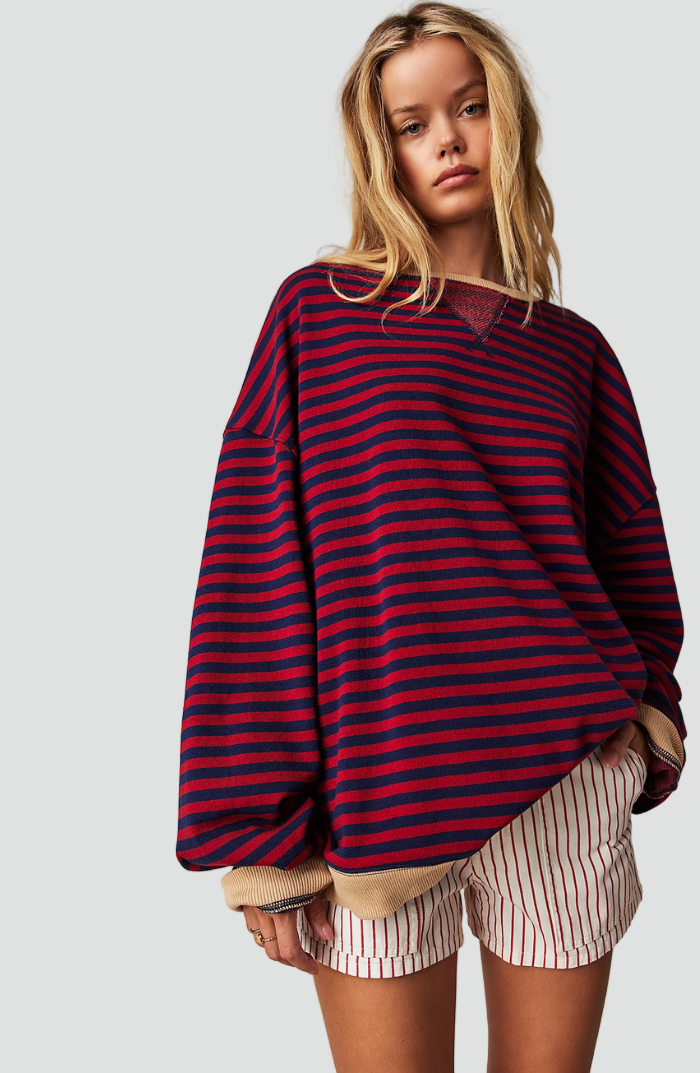 Kolorowa bluza damska oversize w paski na co dzień – Ciemnoniebieski i czerwony