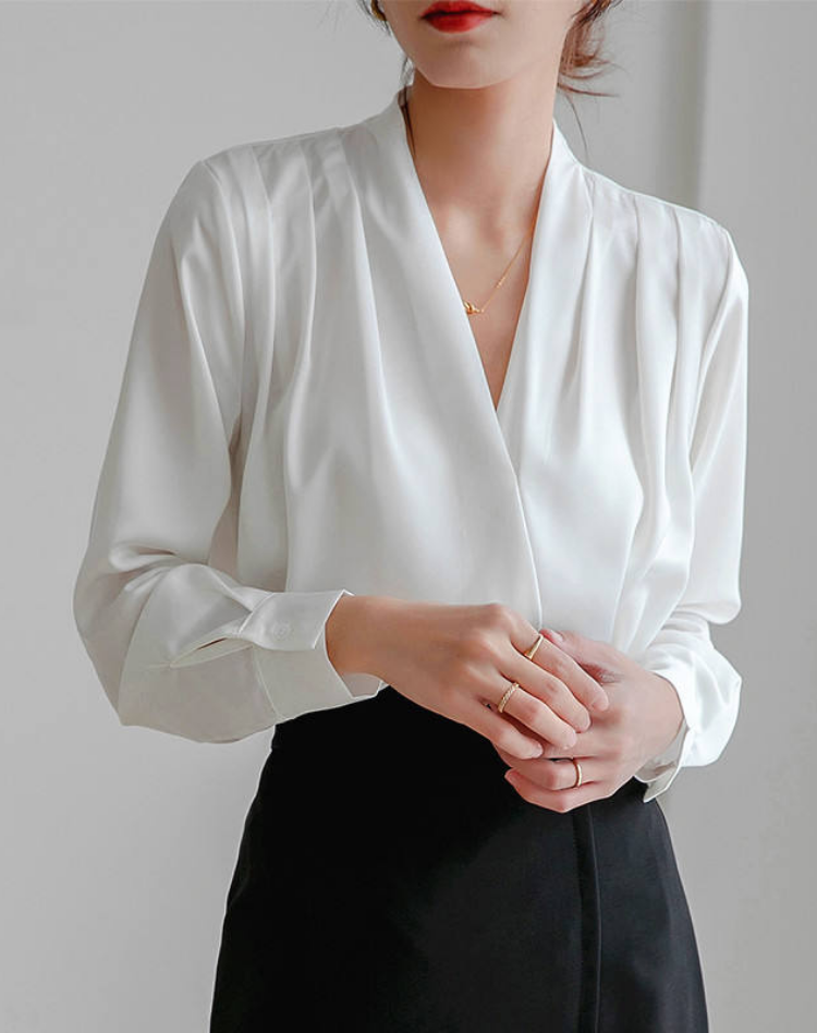 Elegant satin wrap blouse with V-neck and puff sleeves