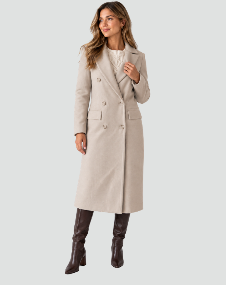 Long manteau féminin à double rangée en laine avec revers et coupe cintrée