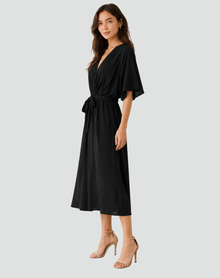 Robe fluide de gala midi avec décolleté croisé et ceinture à nouer