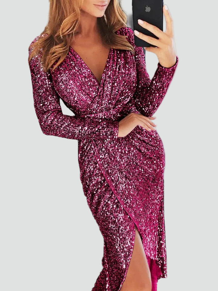 Shiny midi cocktail dress with wrap neckline for women