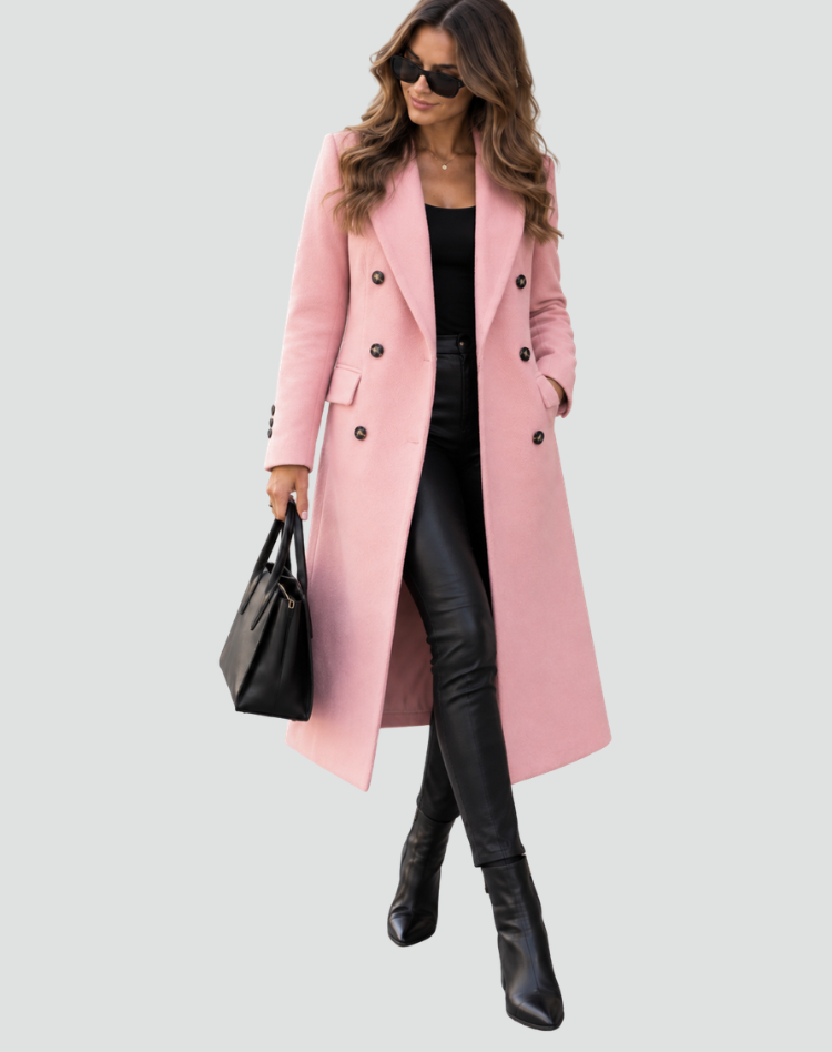 Long manteau féminin à double rangée en laine avec revers et coupe cintrée