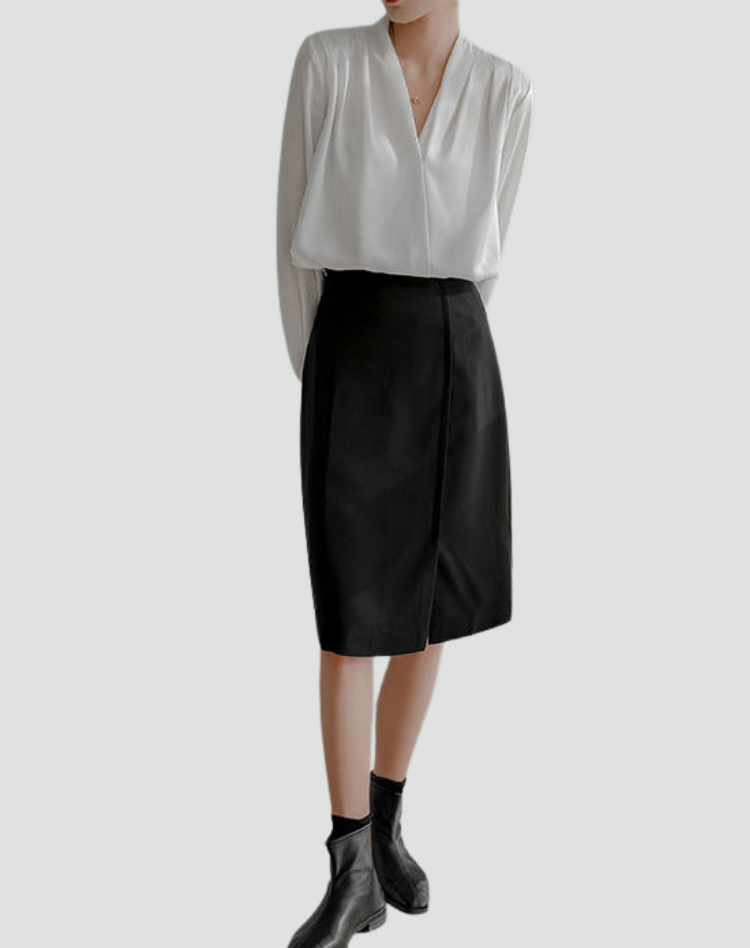 Elegant satin wrap blouse with V-neck and puff sleeves