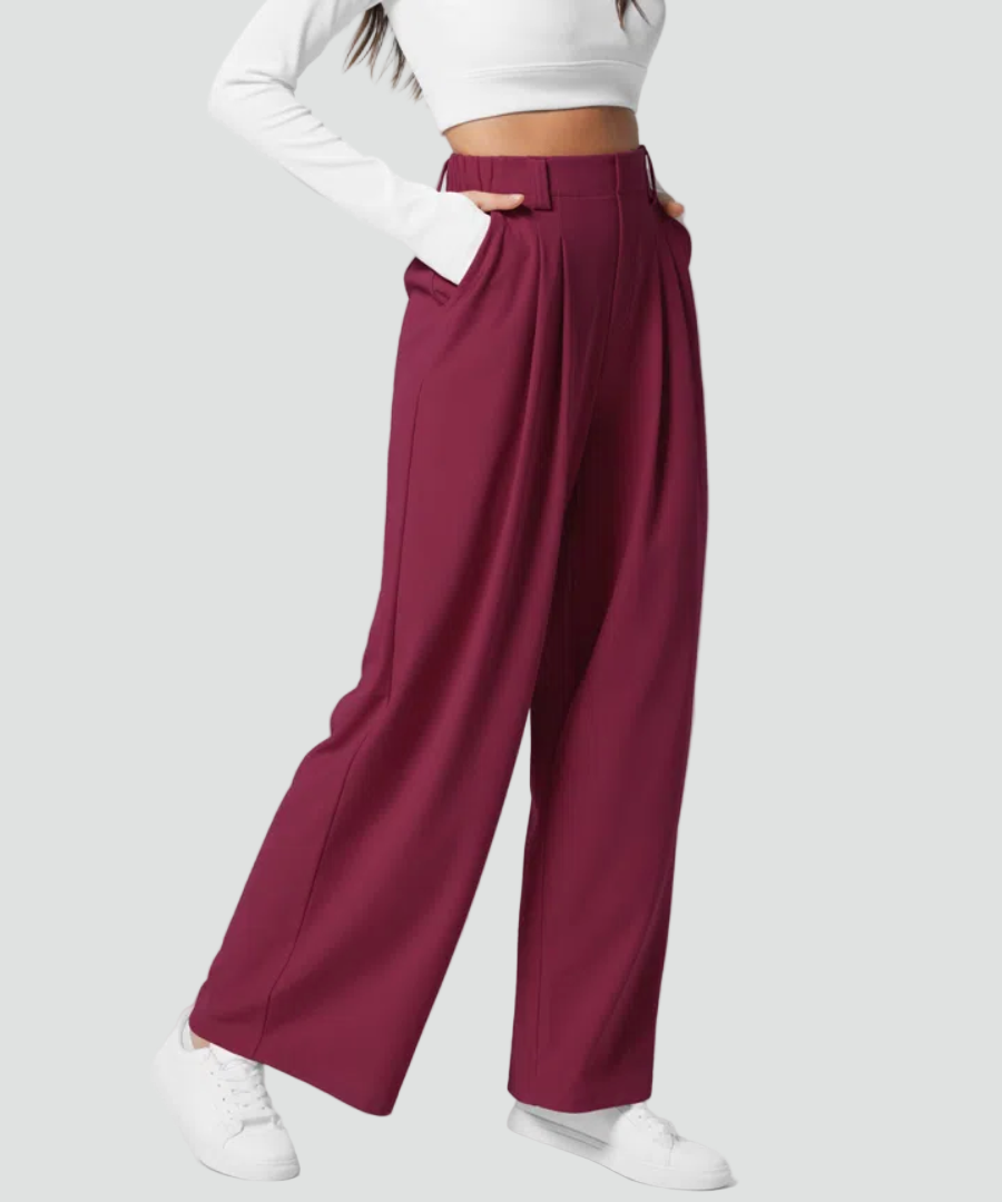 Pantalon féminin élégant et extensible à jambes larges avec taille haute