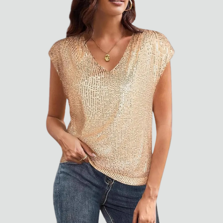 Evening sequin blouse with V-neck and short sleeves