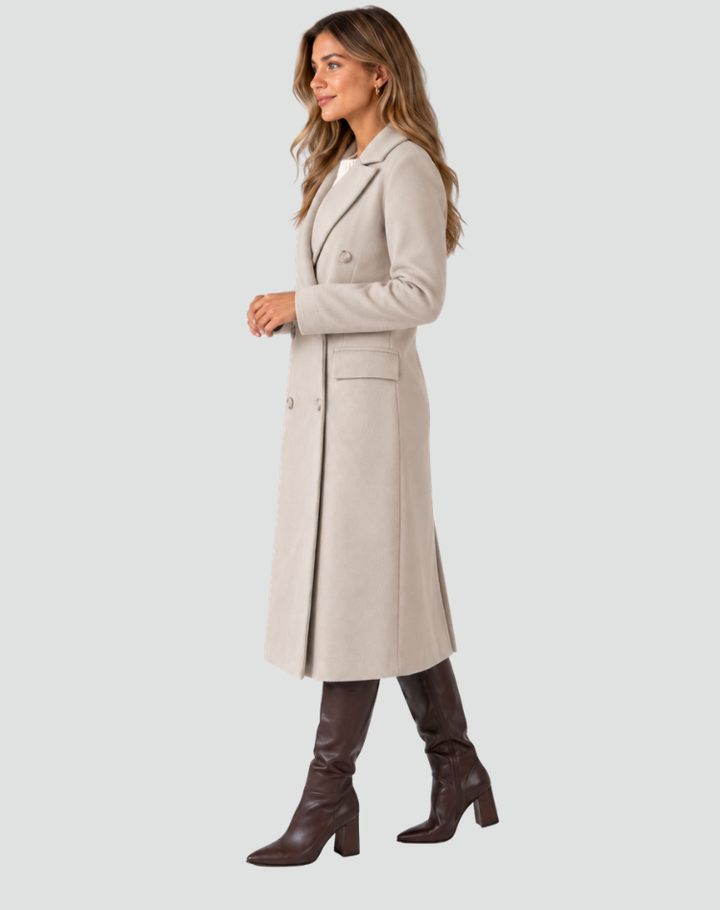 Long manteau féminin à double rangée en laine avec revers et coupe cintrée