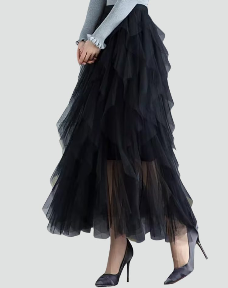 Elegancka spódnica tiulowa damska z falbanami midi