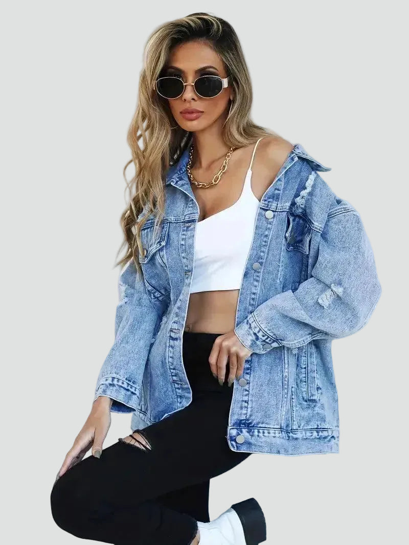 Oversized dames spijkerjack met slijtage voor dagelijks gebruik