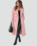 Long manteau féminin à double rangée en laine avec revers et coupe cintrée