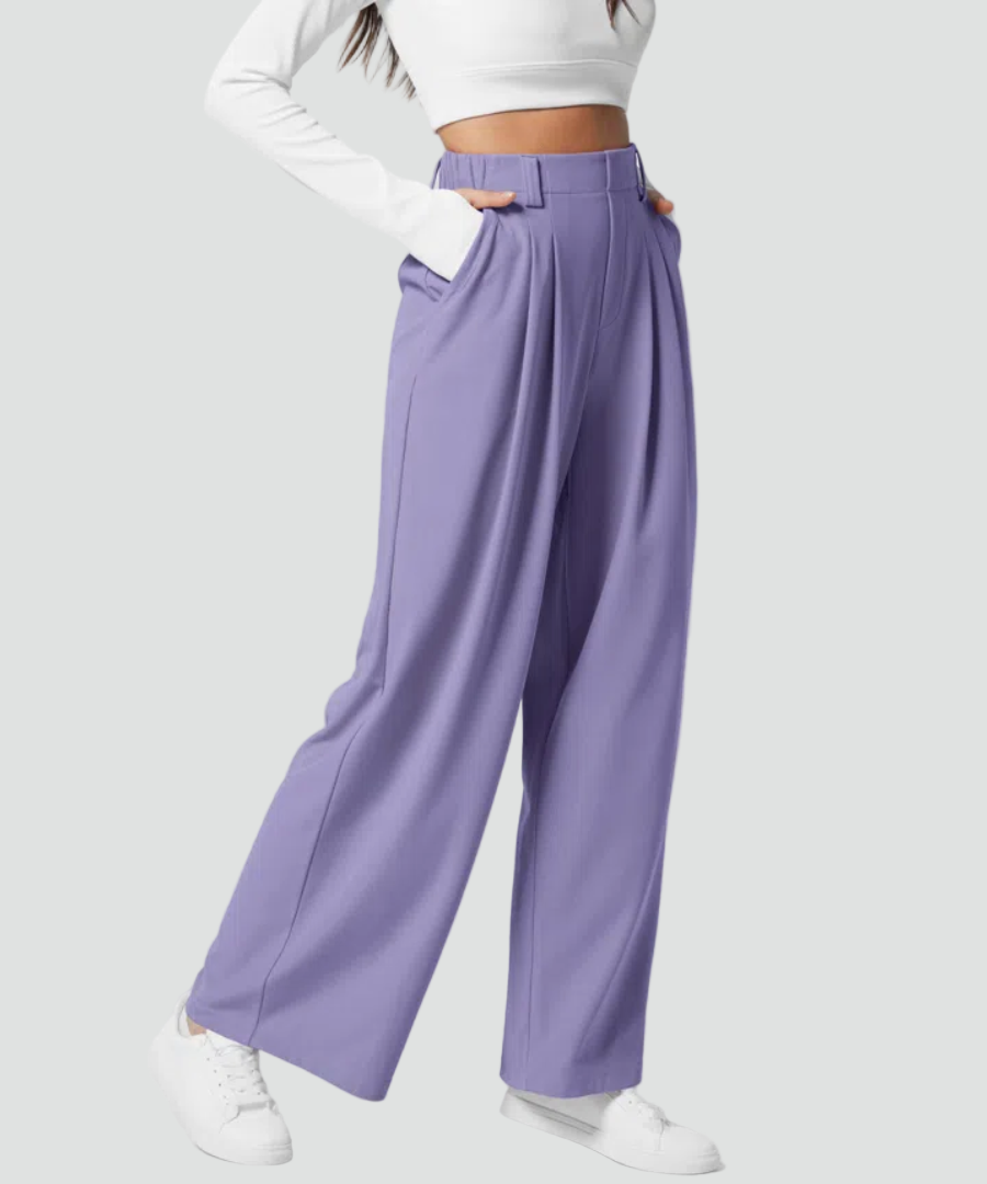Pantalon féminin élégant et extensible à jambes larges avec taille haute