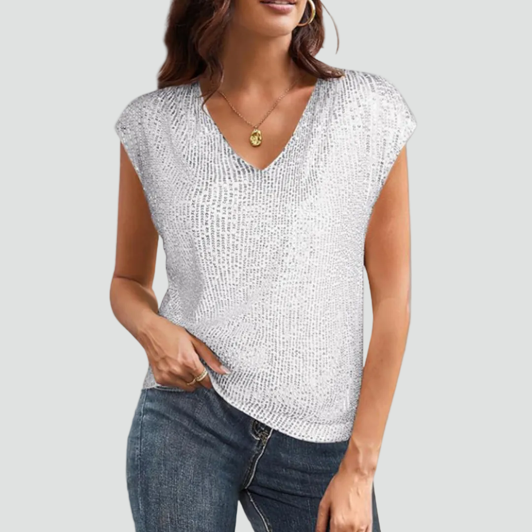 Evening sequin blouse with V-neck and short sleeves