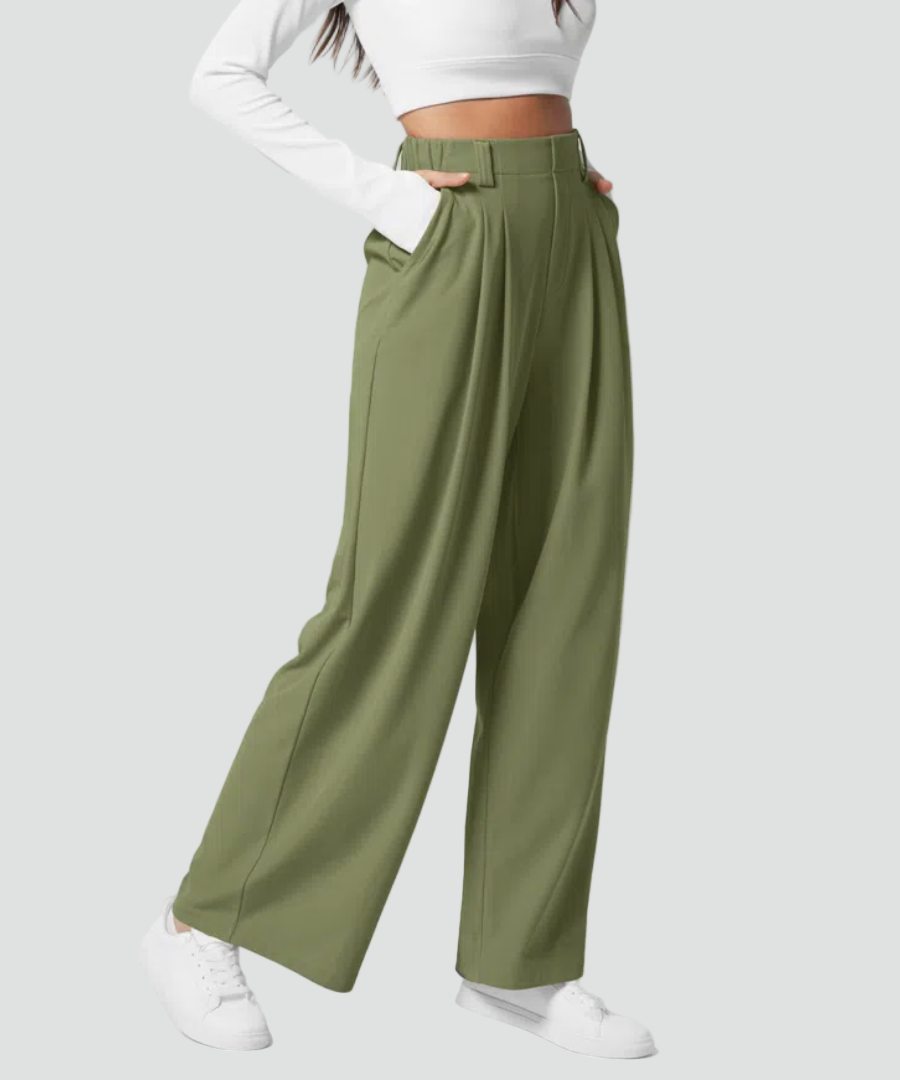 Pantalon féminin élégant et extensible à jambes larges avec taille haute