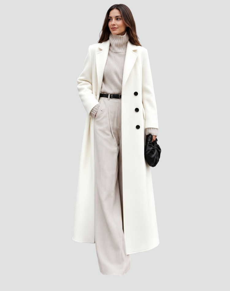 Manteau long classique en laine pour femme à double boutonnage