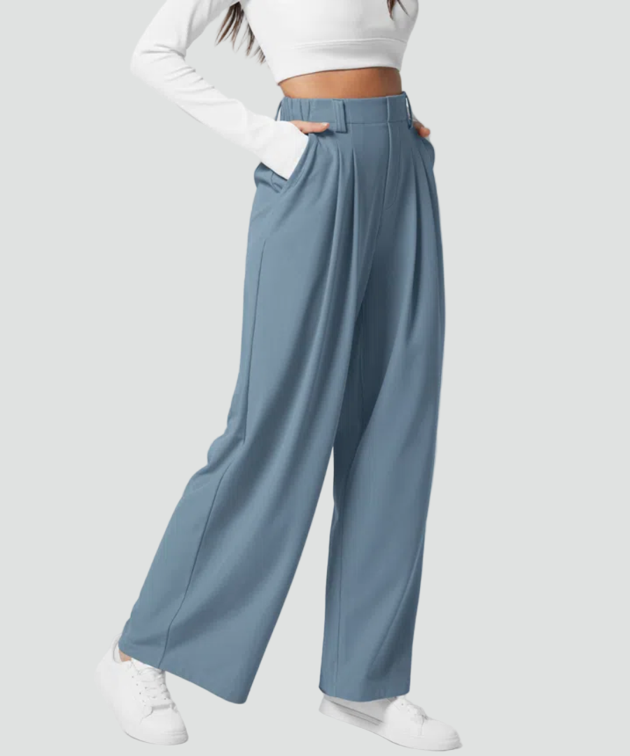 Pantalon féminin élégant et extensible à jambes larges avec taille haute