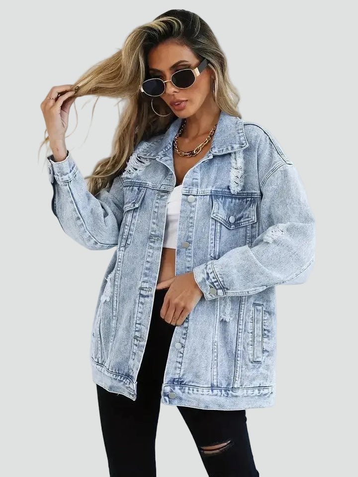 Oversized dames spijkerjack met slijtage voor dagelijks gebruik