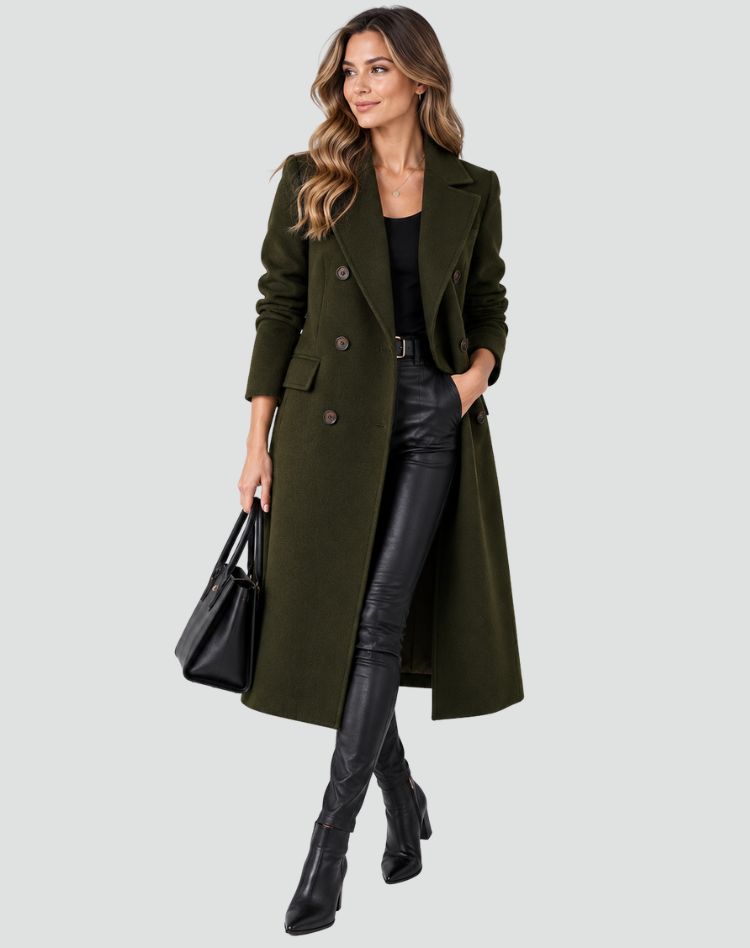 Long manteau féminin à double rangée en laine avec revers et coupe cintrée