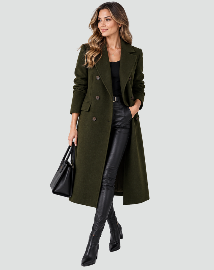 Long manteau féminin à double rangée en laine avec revers et coupe cintrée