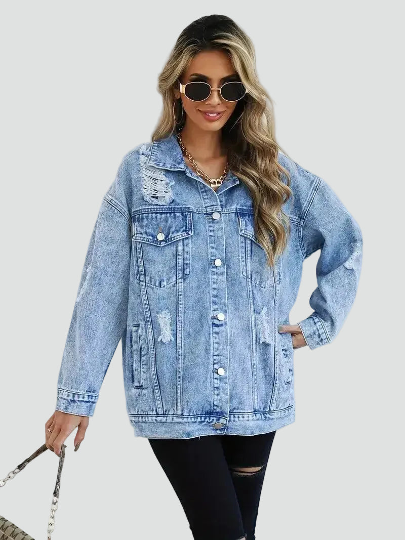 Oversized dames spijkerjack met slijtage voor dagelijks gebruik