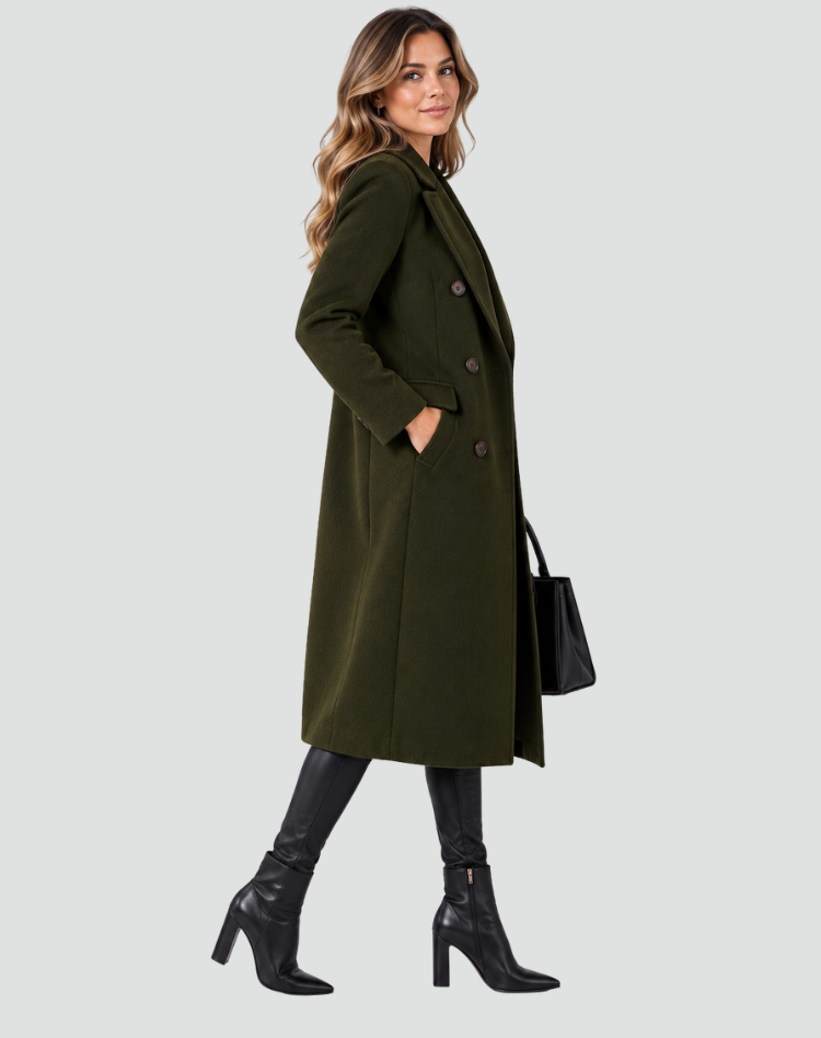 Long manteau féminin à double rangée en laine avec revers et coupe cintrée