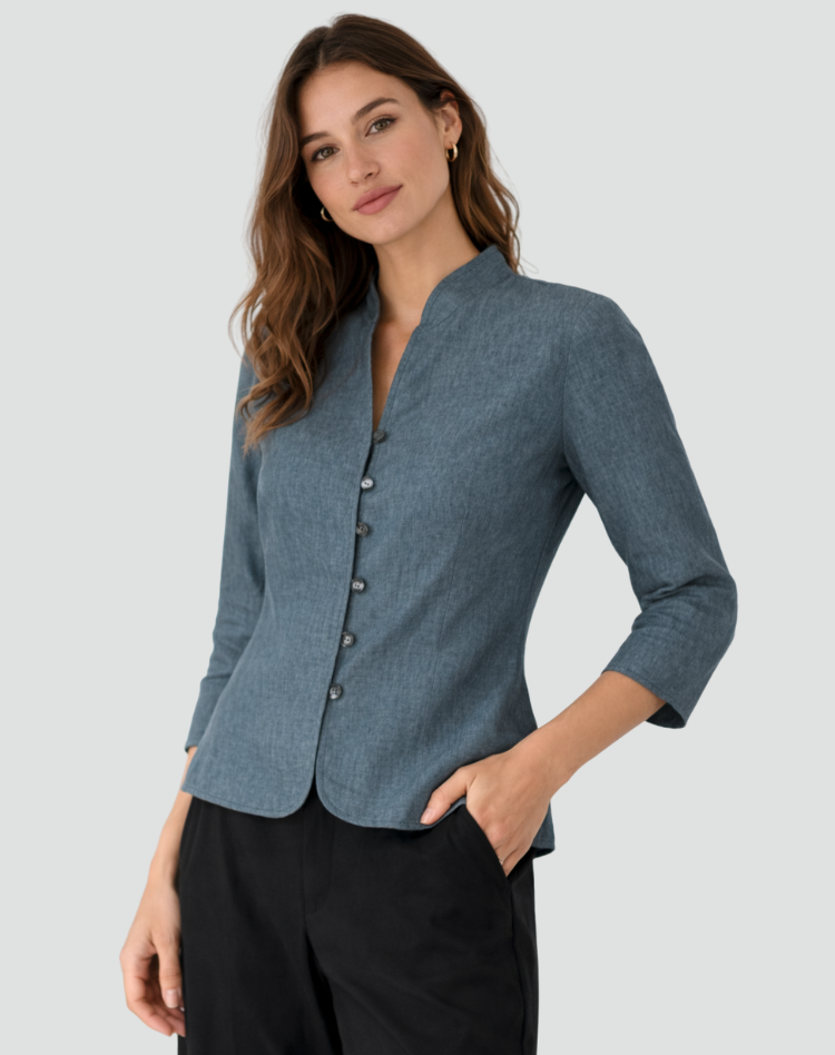 Elegancka bluzka damska ze stójką w stylu mandarynki – Niebieski