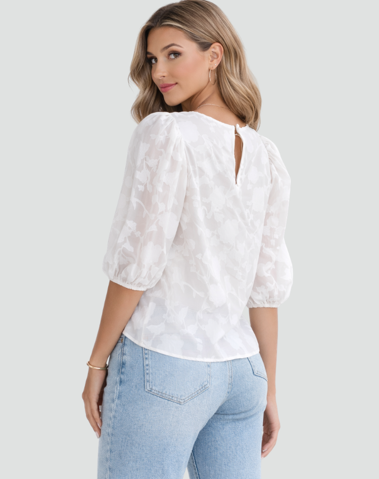 Blouse élégante à fleurs avec manches bouffantes 3/4