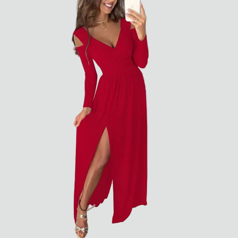 Robe longue de soirée pour femme, portefeuille, à manches longues et fente