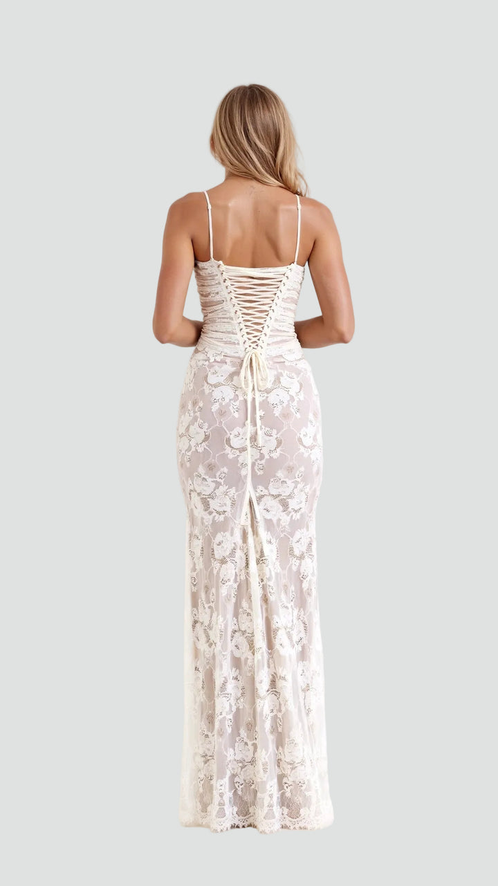 Elegante lange damesjurk gala kant met strik