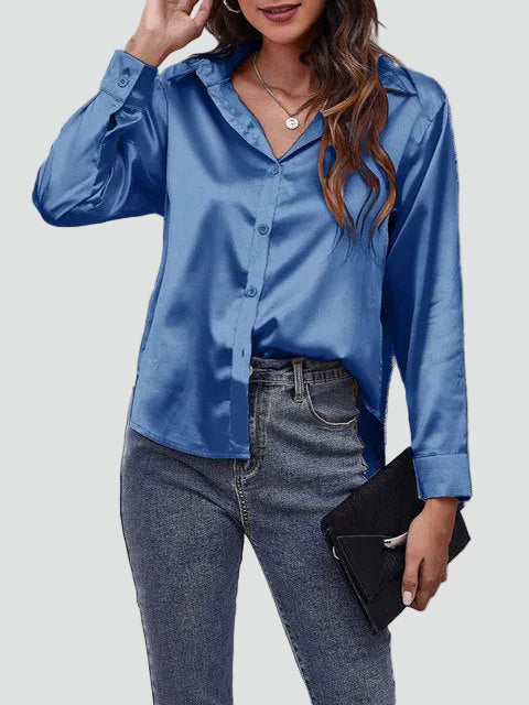 Satijnen blouse met lange mouwen en kraag