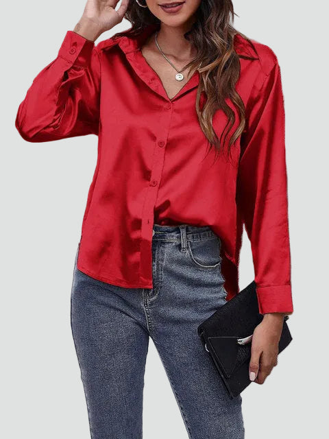 Satijnen blouse met lange mouwen en kraag
