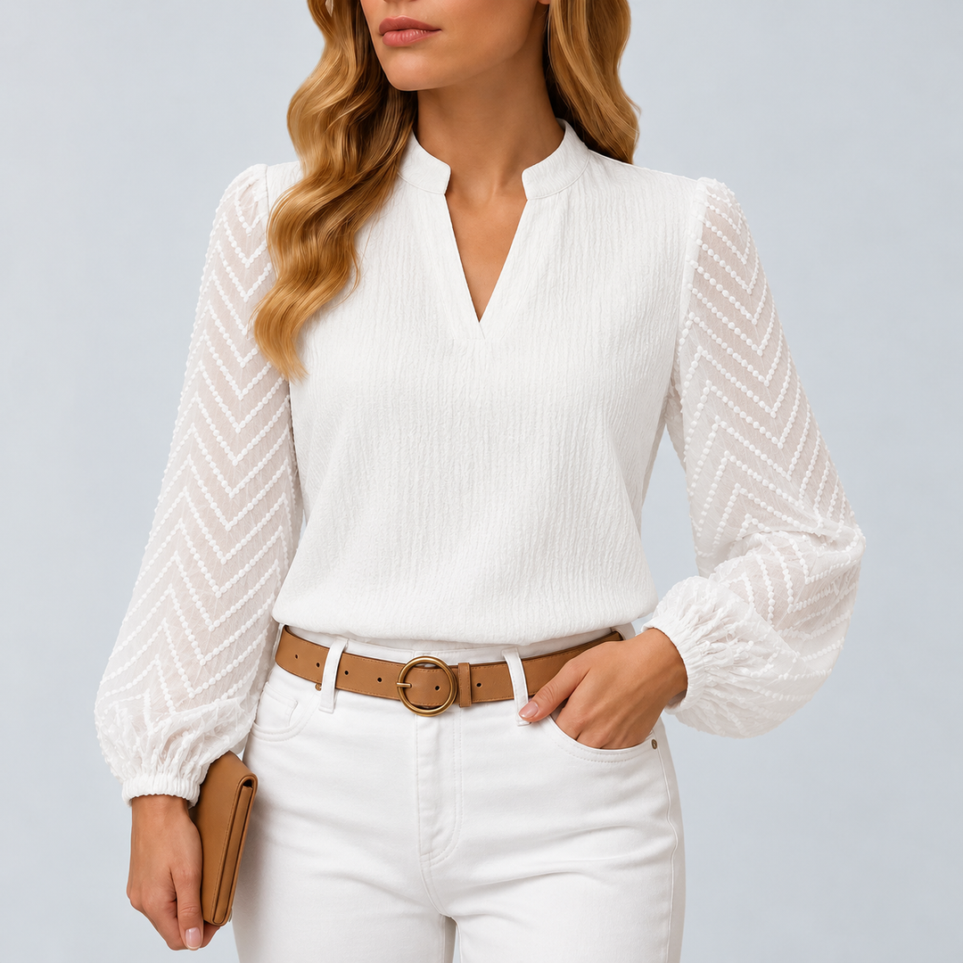 Elegant Blouse with V-Neckline and Long Sleeves in Lightweight Chiffon