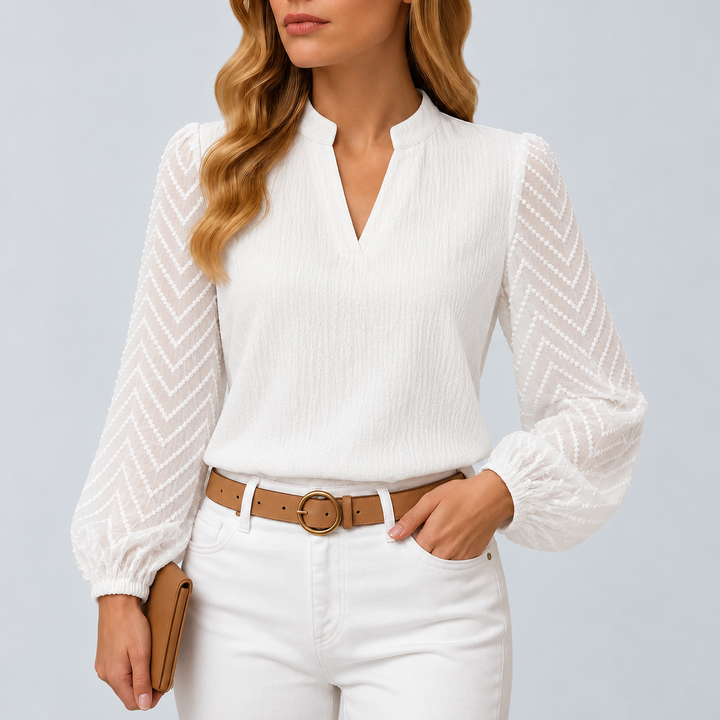 Elegant Blouse with V-Neckline and Long Sleeves in Lightweight Chiffon