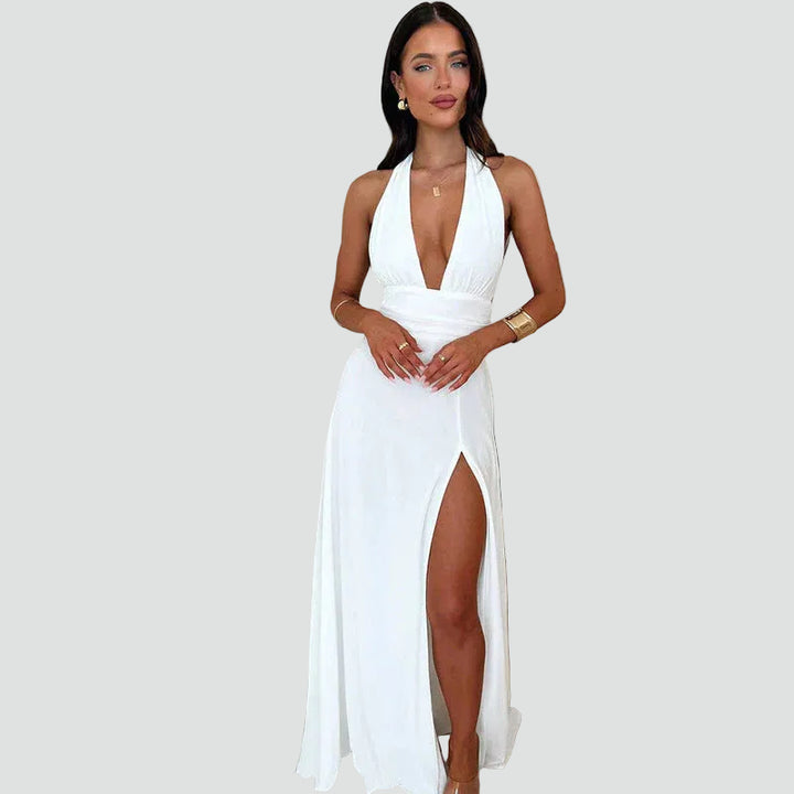 Robe de soirée maxi dos nu avec décolleté plongeant et fente