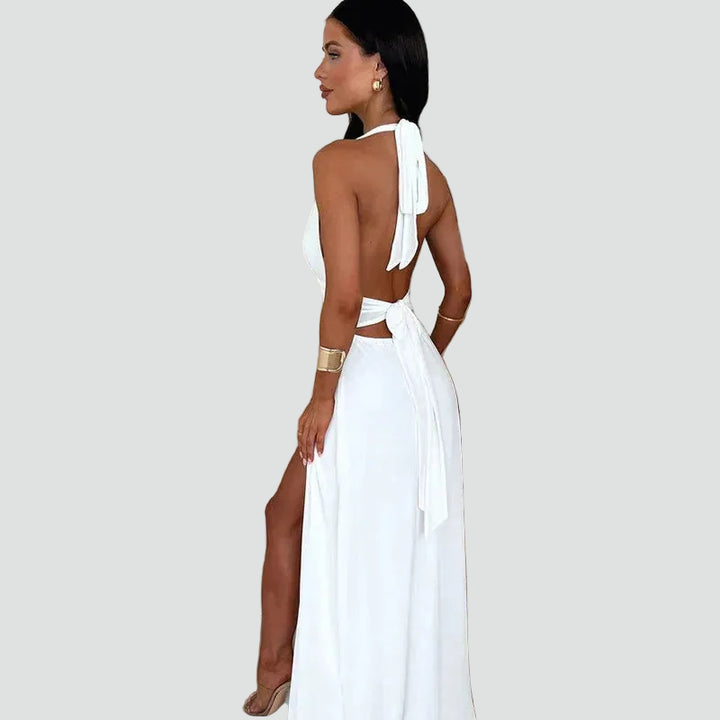 Robe de soirée maxi dos nu avec décolleté plongeant et fente