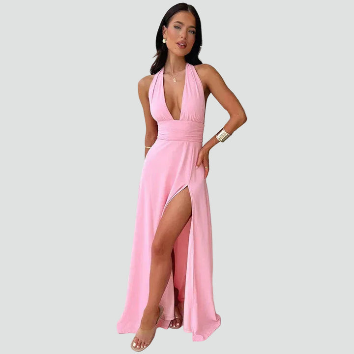Robe de soirée maxi dos nu avec décolleté plongeant et fente