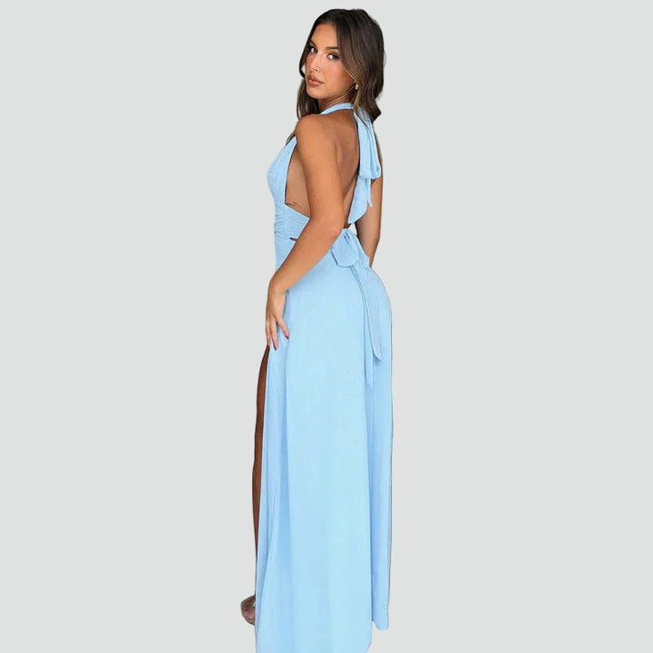 Robe de soirée maxi dos nu avec décolleté plongeant et fente